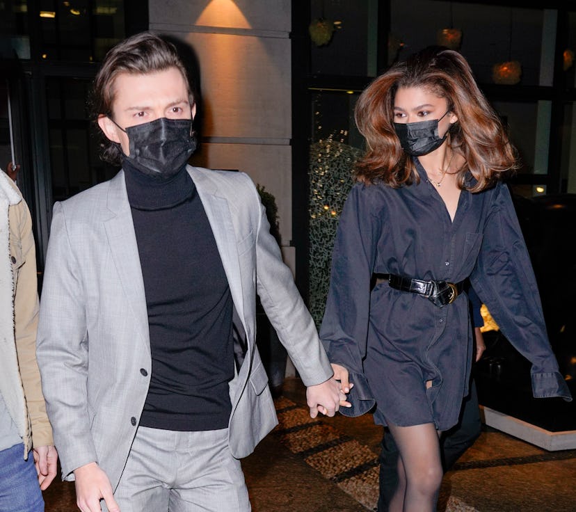 NEW YORK, NEW YORK - FEBRUARY 16: Tom Holland and Zendaya are seen departing their hotel on February...