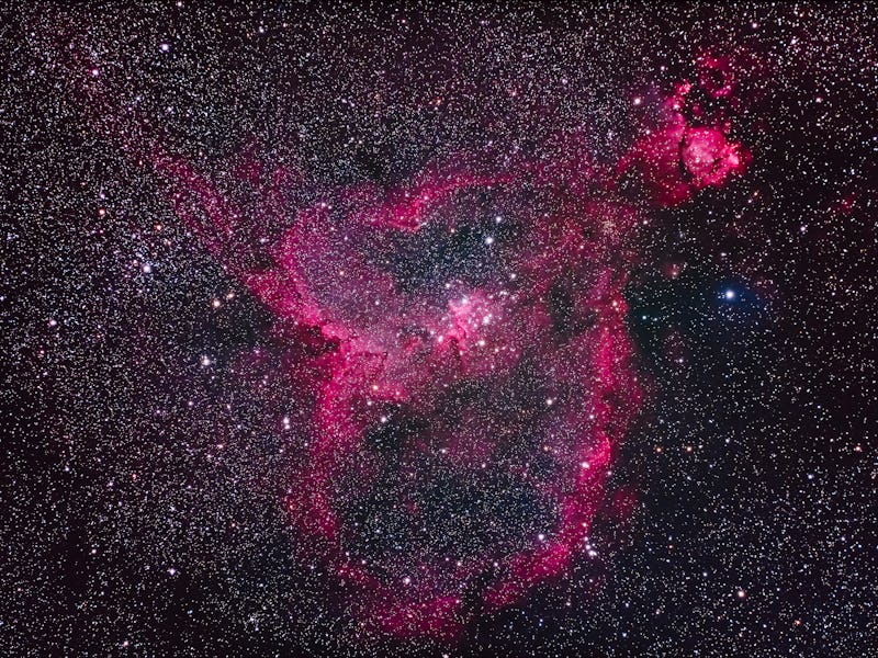 The large emission nebula IC 1805 in Cassiopeia, aka the Heart Nebula. The round nebula at top right...