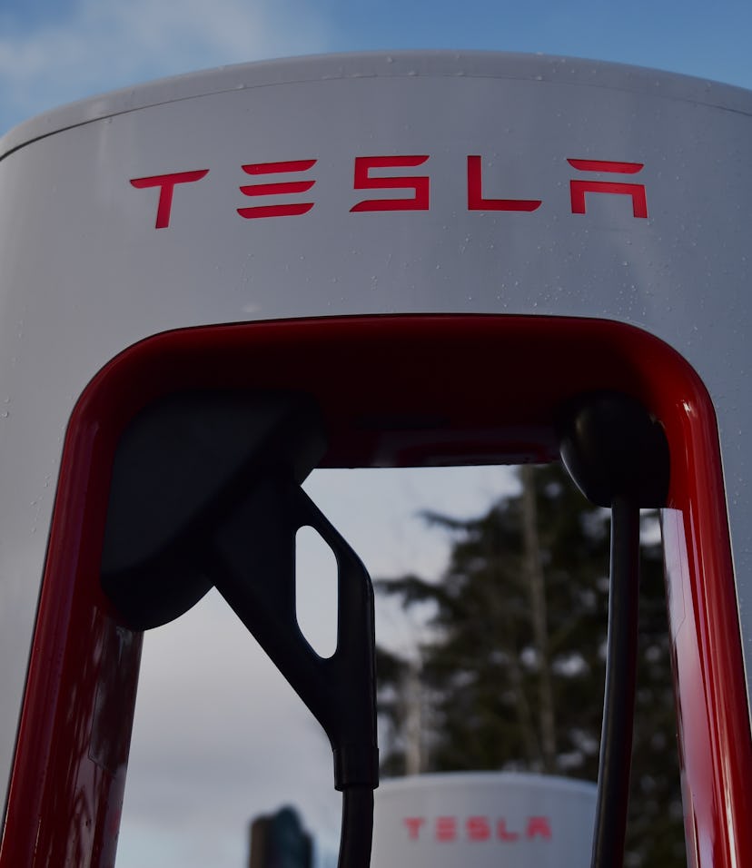 STOKE ON TRENT, ENGLAND - DECEMBER 10: A Tesla electric vehicle charging pod point at Trentham Esta...