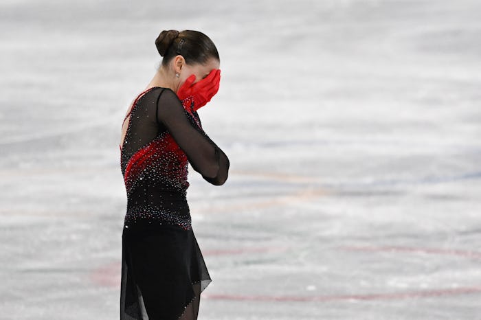 BEIJING, CHINA - FEBRUARY 17: Kamila Valieva of Russia looks dejected at the women's figure skating ...