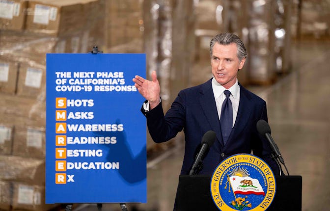 Fontana, CA - February 17: Gov. Gavin Newsom announces the next phase of Californias COVID-19 respon...