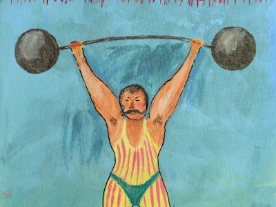Retro styled weightlifting athlete on stage. Acrylic painting on canvas. My own artwork.