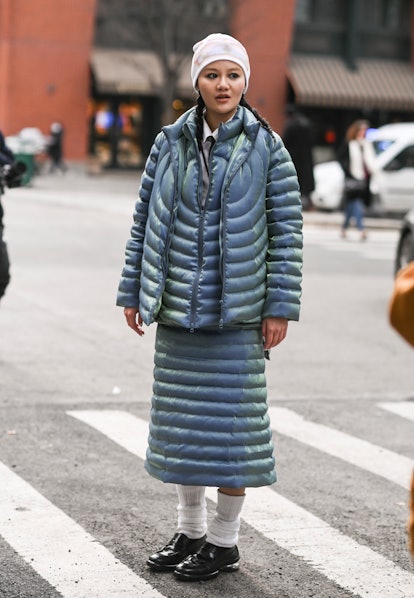 NEW YORK, NEW YORK - FEBRUARY 16: A guest is seen wearing a Collina Strada outfit outside the Collin...