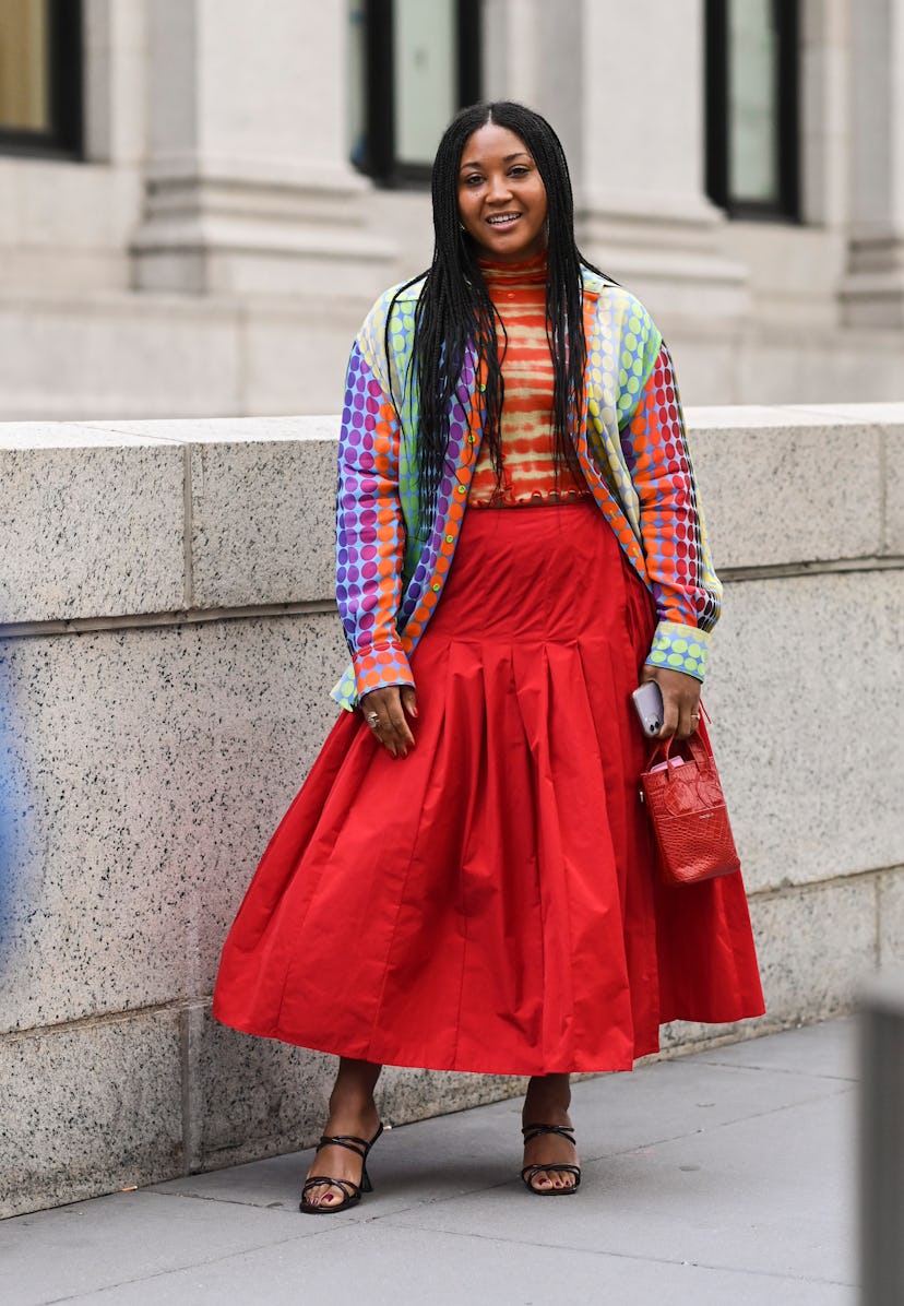 NEW YORK, NEW YORK - FEBRUARY 12:  Solange Franklin is seen wearing a Victor Glemaud outfit outside ...