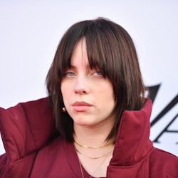 Billie Eilish has jet black hair that she styled in Y2K-approved space buns with shaggy bangs.