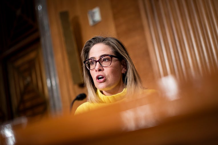 WASHINGTON, DC - FEBRUARY 01: Senator Kyrsten Sinema (D-AZ), speaks during a Senate Homeland Securit...