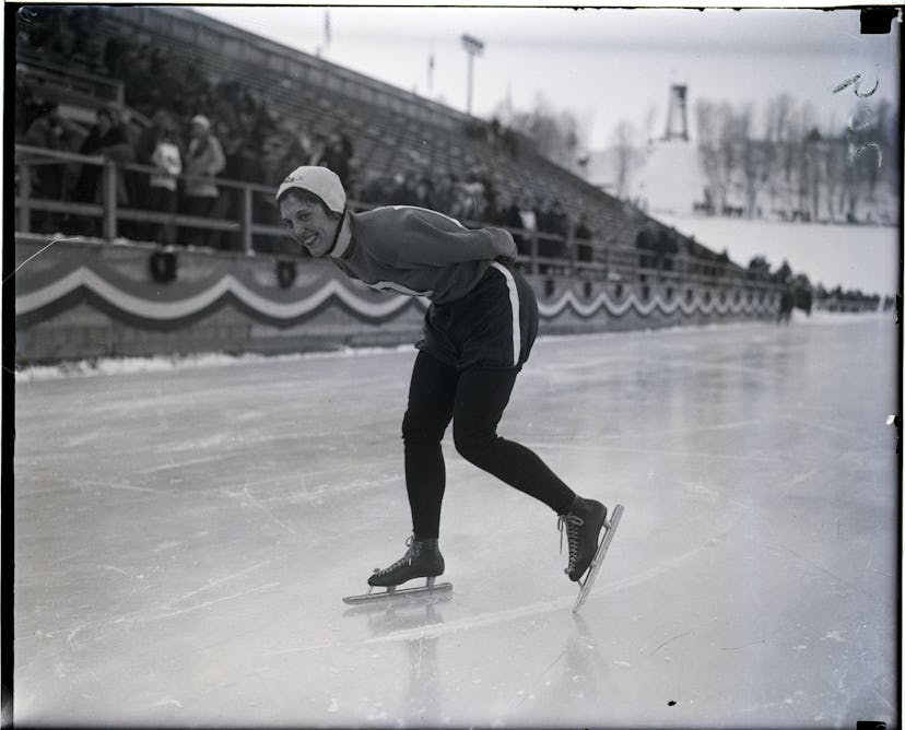 (Original Caption) 1932-Kit Klein speed skating alone on ice. Depicted in action, skating.