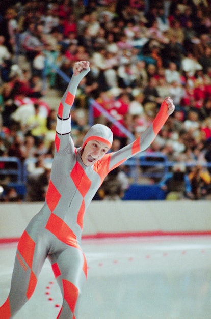 American speed skater Bonnie Blair raises her arms in victory after taking gold, and setting a new w...