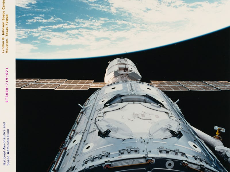 The Unity connecting module prior to docking with the Zarya module during construction of the Intern...