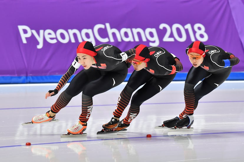 The China team with Li Dan (left to right), Jing Liu and Jiachen Hao during the women's speed skatin...