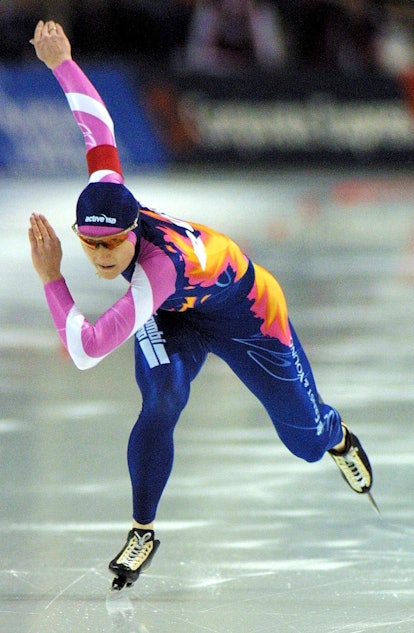 Svetlana Zhurova of Russia sprints at the start of the women's 500m competition of the World Speed S...