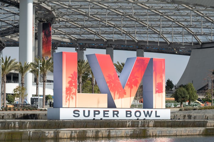 The Super Bowl LVI logo stands outside Sofi Stadium.