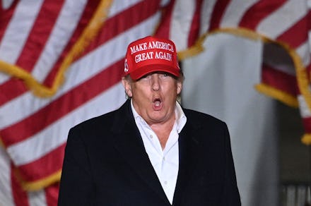 Former US President Donald Trump speaks during a rally at the Canyon Moon Ranch festival grounds in ...