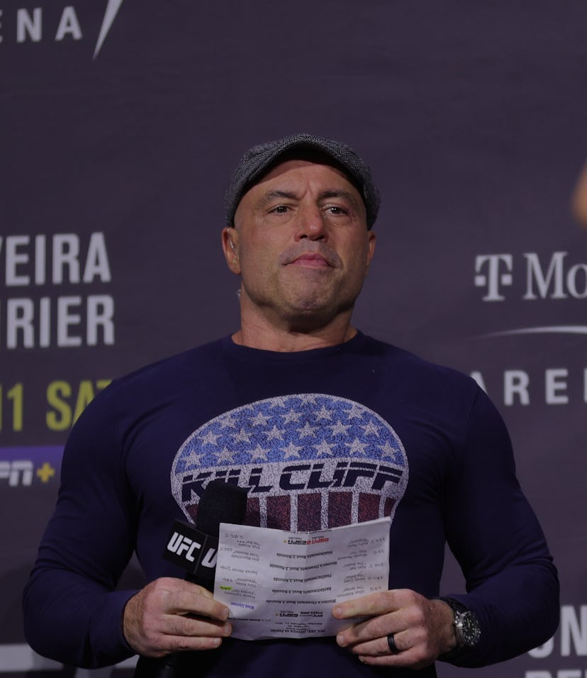 LAS VEGAS, NEVADA - DECEMBER 10: Joe Rogan introduces fighters during the UFC 269 ceremonial weigh-i...