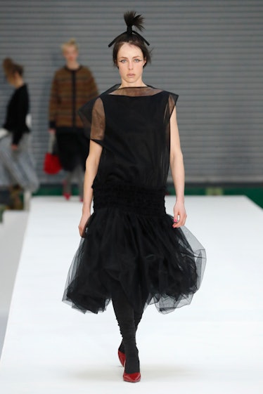 A model walks the runway at the Molly Goddard show during London Fashion Week February 2022 on Febru...