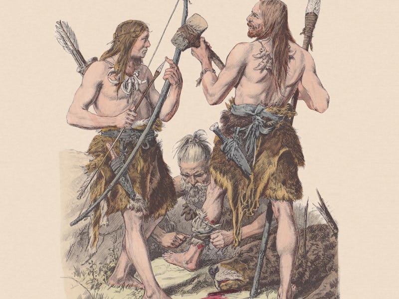 Germanic peoples during the Stone Age. Hand colored wood engraving, published ca. 1880.