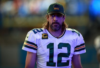 DETROIT, MICHIGAN - JANUARY 09: Aaron Rodgers #12 of the Green Bay Packers looks on during the first...