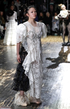 LONDON, ENGLAND - FEBRUARY 21: A model walks the runway at the Preen by Thornton Bregazzi show durin...