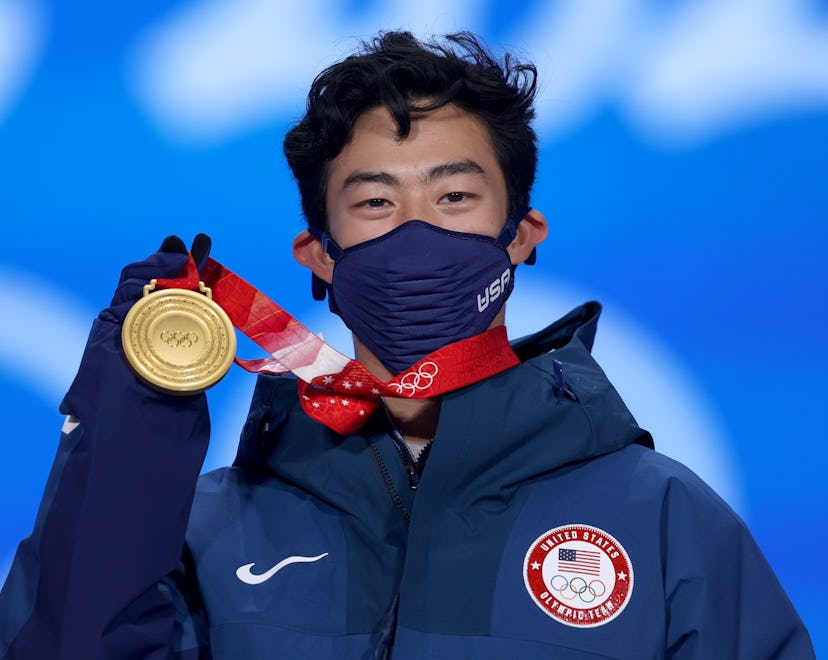 BEIJING, CHINA - FEBRUARY 10: Gold medallist, Nathan Chen of Team United States poses with their med...