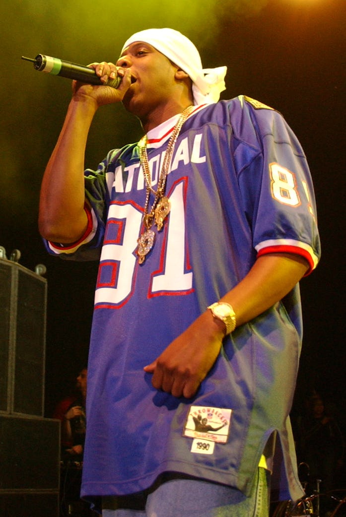 Jay Z performs during the "Sprite Liquid Mix" tour at Shoreline Amphitheatre on September 8, 2002 in...