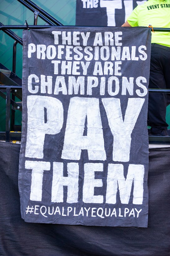PORTLAND, OR - JULY 24: Portland Thorns fans show their support for equal pay demanded by the USNWT ...