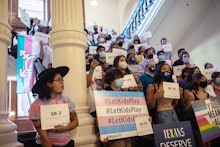 AUSTIN, TX - SEPTEMBER 20: LGBTQ rights supporters gather at the Texas State Capitol to protest stat...
