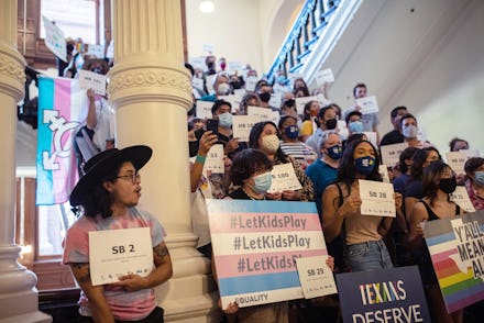 AUSTIN, TX - SEPTEMBER 20: LGBTQ rights supporters gather at the Texas State Capitol to protest stat...
