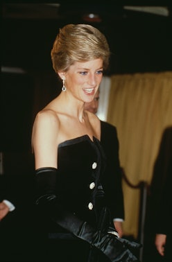 Princess Diana wearing a black dress. 