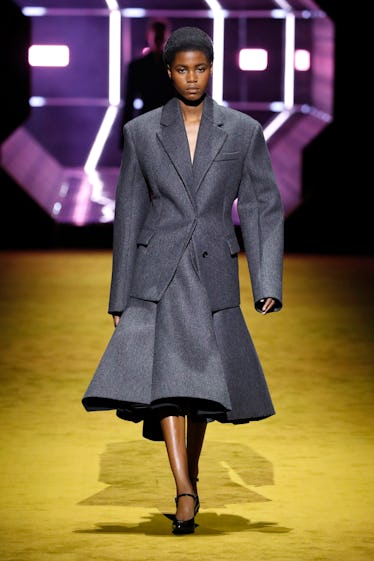A model walks the runway at the Prada fashion show during the Milan Fashion Week Fall/Winter 2022/20...