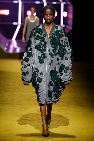 A model walks the runway at the Prada fashion show during the Milan Fashion Week Fall/Winter 2022/20...