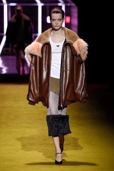 A model walks the runway at the Prada fashion show during the Milan Fashion Week Fall/Winter 2022/20...