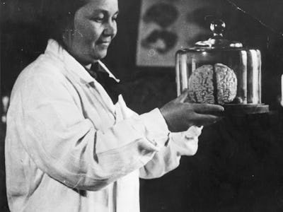 circa 1930:  The woman in charge of the Institute for Brain Research in Moscow holds a bell-jar cont...