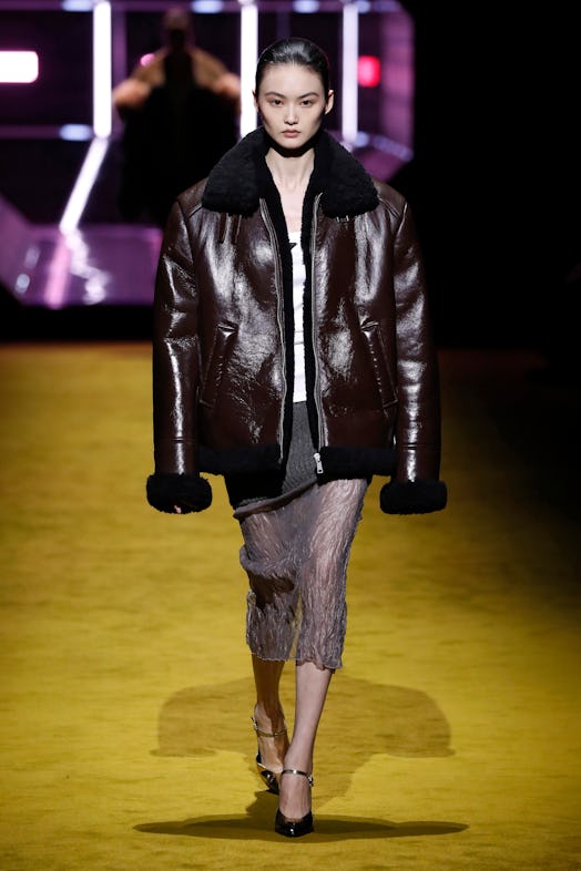 A model walks the runway at the Prada fashion show during the Milan Fashion Week Fall/Winter 2022/20...