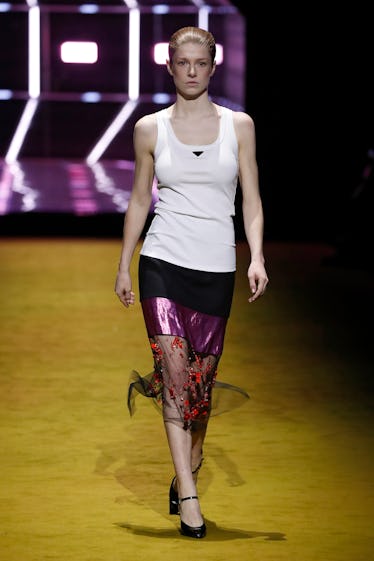 A model walks the runway at the Prada fashion show during the Milan Fashion Week Fall/Winter 2022/20...