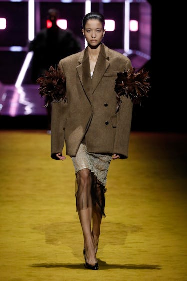 A model walks the runway at the Prada fashion show during the Milan Fashion Week Fall/Winter 2022/20...