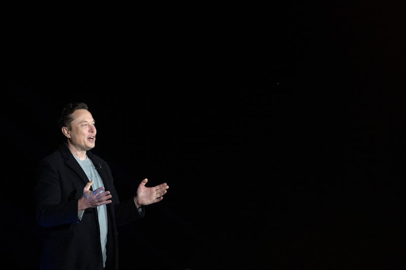 Elon Musk gestures as he speaks during a press conference at SpaceX's Starbase facility near Boca Ch...