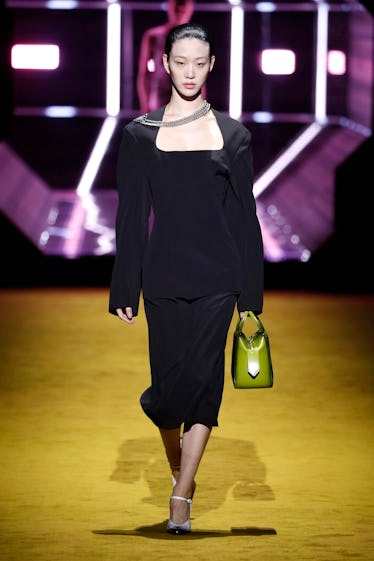 A model walks the runway at the Prada fashion show during the Milan Fashion Week Fall/Winter 2022/20...