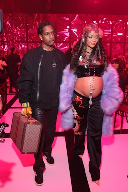 MILAN, ITALY - FEBRUARY 25: Asap Rocky and Rihanna are seen at the Gucci show during Milan Fashion W...