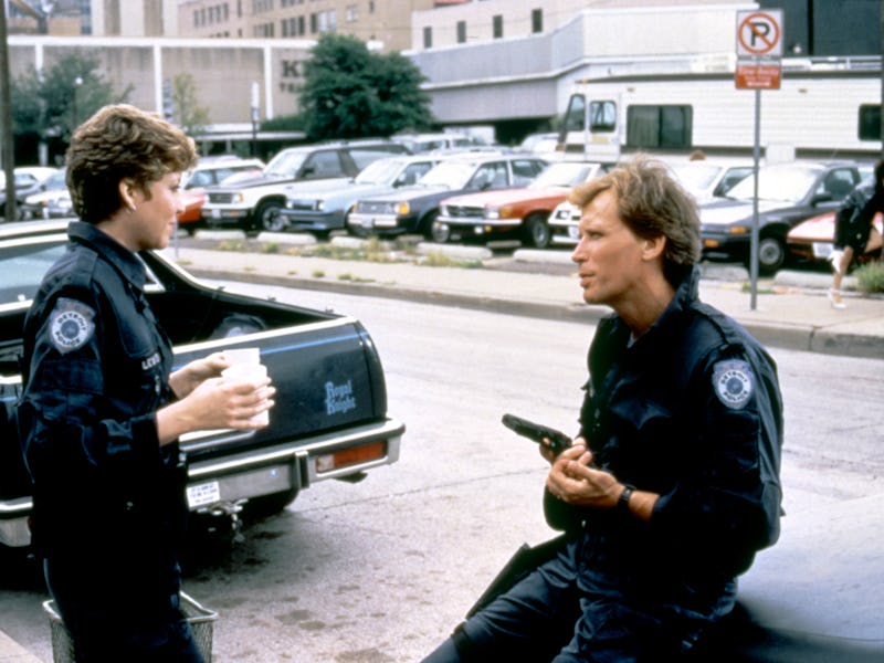 American actors Nancy Allen and Peter Weller on the set of RoboCop, directed by Paul Verhoeven. (Pho...