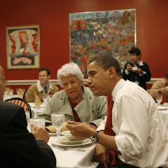 US Democratic presidential candidate Illinois Senator Barack Obama eats gumbo with restaurant owner ...