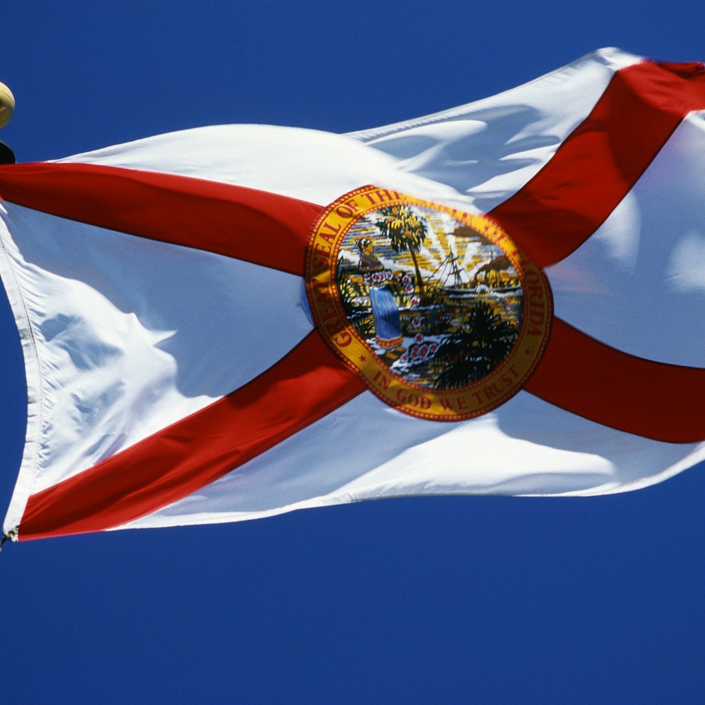 The Florida state flag flies over a blue sky. 