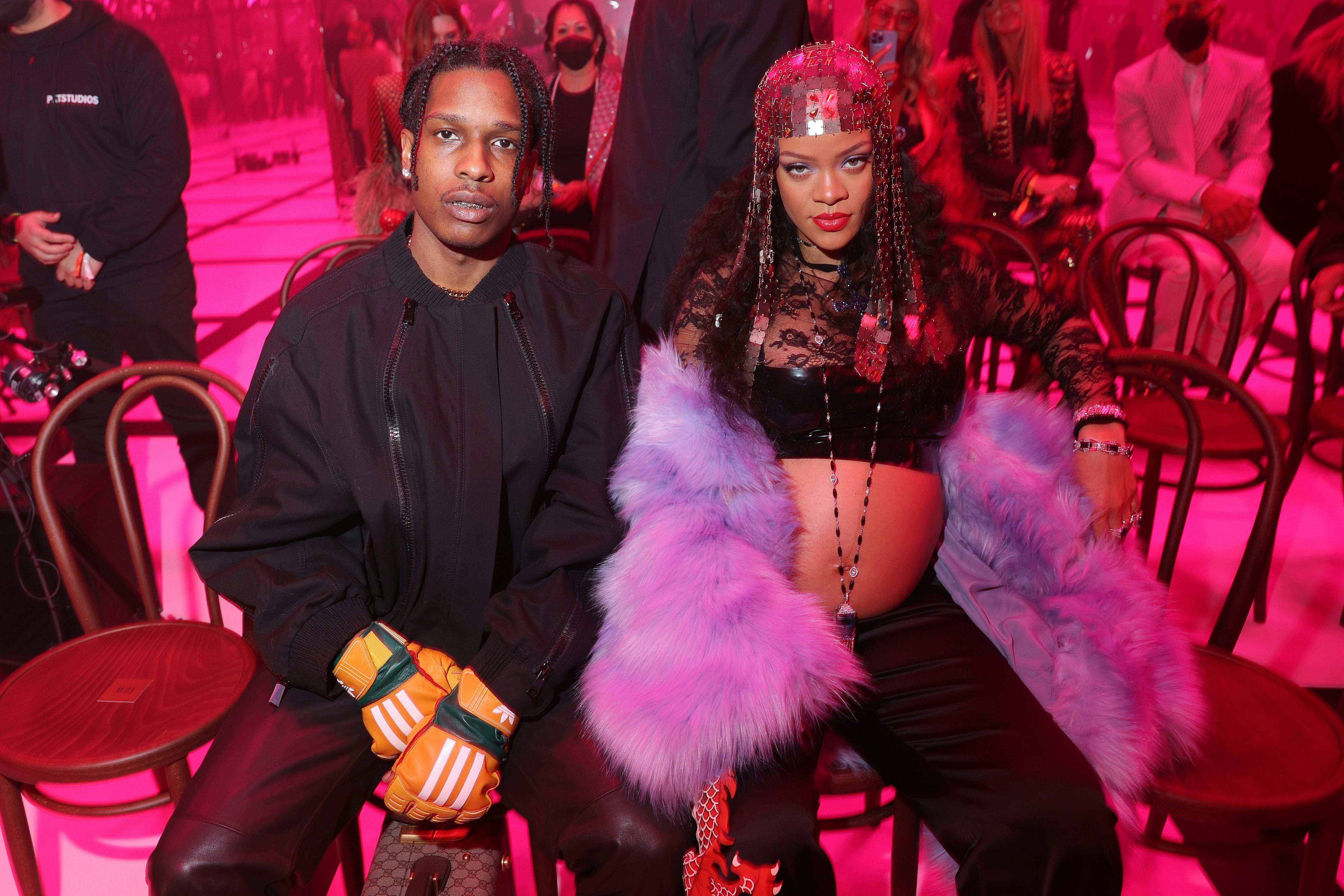 MILAN, ITALY - FEBRUARY 25: Asap Rocky and Rihanna are seen at the Gucci show during Milan Fashion W...