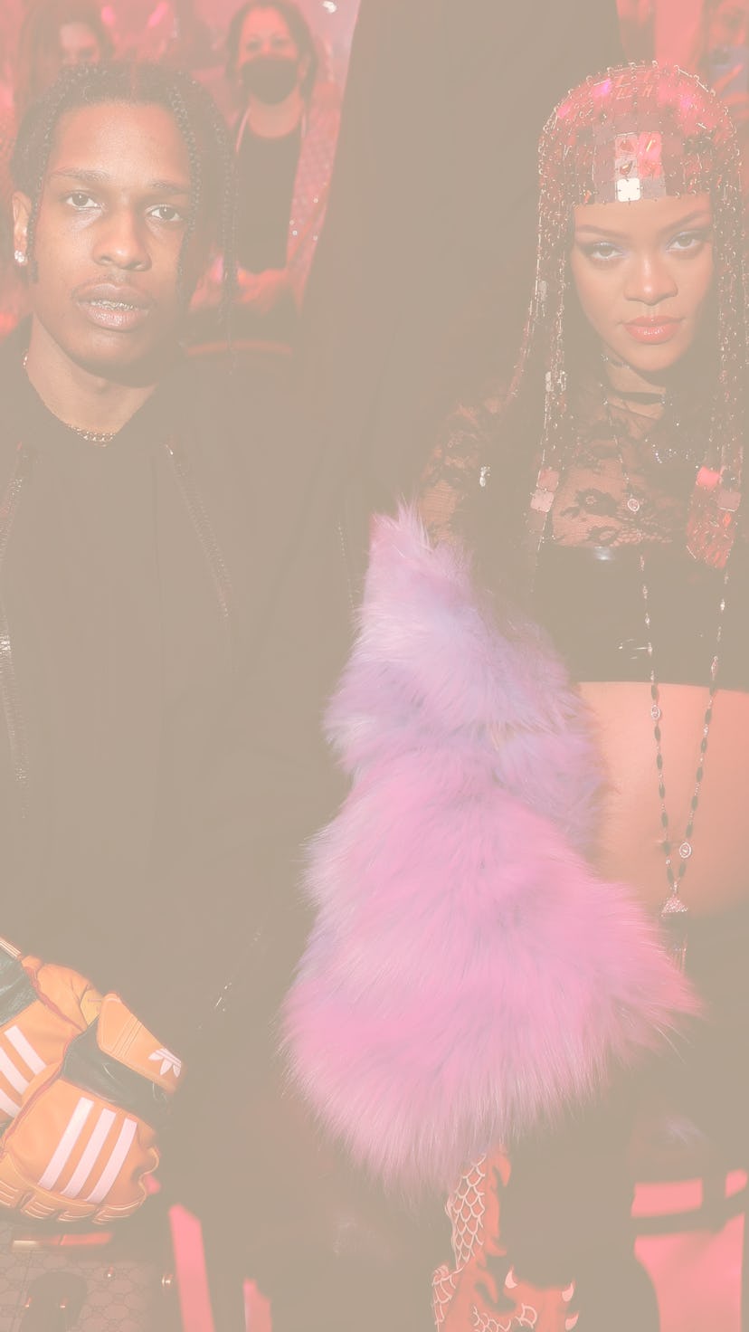 MILAN, ITALY - FEBRUARY 25: Asap Rocky and Rihanna are seen at the Gucci show during Milan Fashion W...