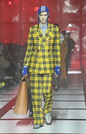 A model walks the runway at the Gucci show during Milan Fashion Week Fall/Winter 2022/23 on February...