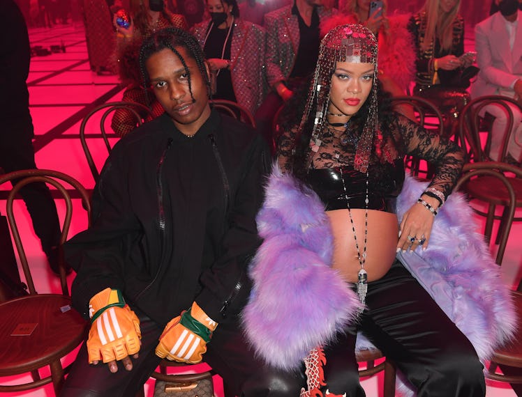 MILAN, ITALY - FEBRUARY 25: Asap Rocky and Rihanna are seen at the Gucci show during Milan Fashion W...