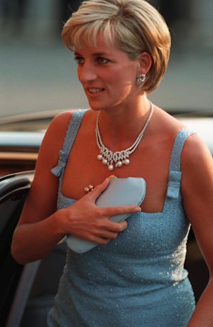 England's Princess Diana arriving in short light blue beaded dress at the Royal Albert Hall for a pe...