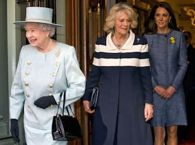 Britain's Queen Elizabeth II (L), Camilla, Duchess of Cornwall (C) and Catherine, Duchess of Cambrid...