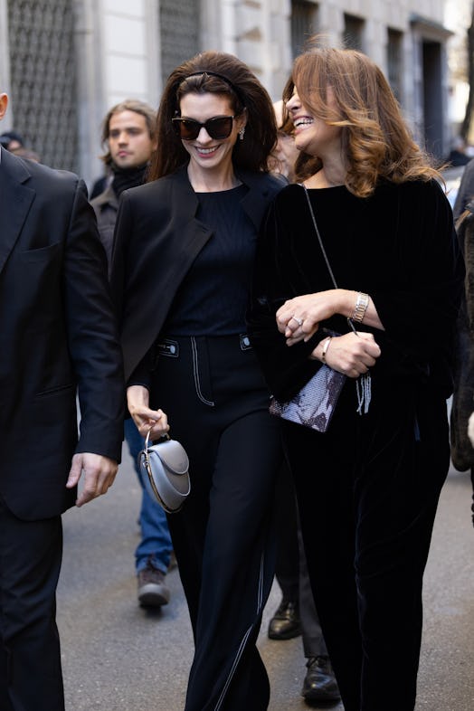 Anne Hathaway and Roberta Armani Milan Fashion Week Fall/Winter 2022 street style