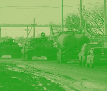BELGOROD REGION, RUSSIA - FEBRUARY 26, 2022: A column of Russian military vehicles is seen near the ...