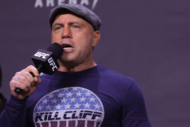 LAS VEGAS, NEVADA - DECEMBER 10: Joe Rogan introduces fighters during the UFC 269 ceremonial weigh-i...